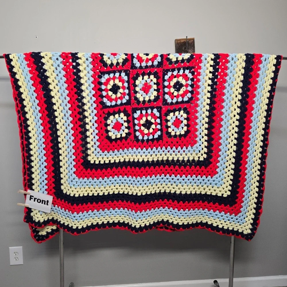 Handmade Crochet Granny‎ Square Afghan Blanket 6'x5' Cottage Shabby Chic Unique